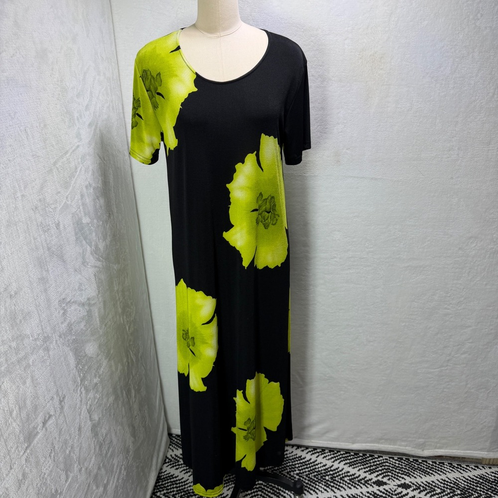 VTG Jostar Womens L Maxi Dress Black Lime Green Floral Slinky Knit Short Sleeve